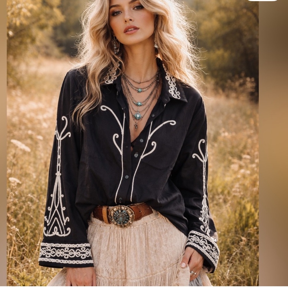 Embroidered Black Button-Down Shirt